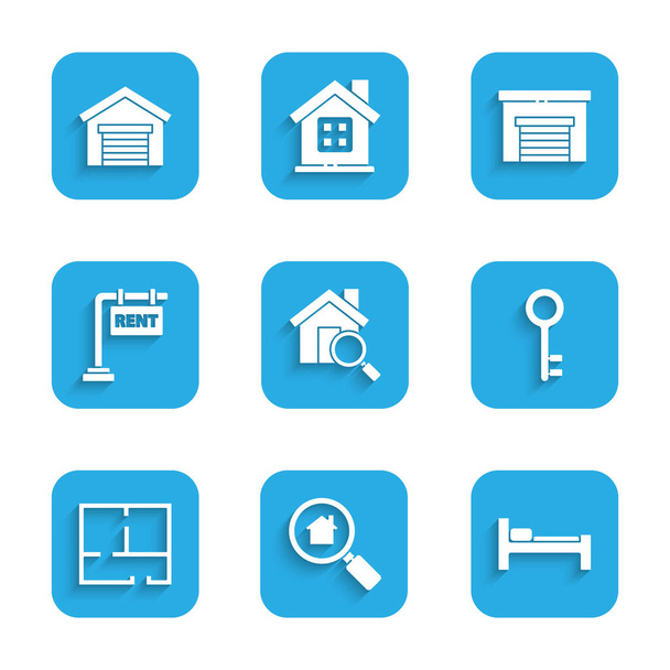 Set Suche Haus, Bett, Hausschlüssel, Plan, Hängeschild mit Miete, Garage und Symbol. Vektor - Vektor, Bild