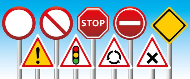 Road signs. Highway code, driver's license, driving. Vector illustration. - Διάνυσμα, εικόνα