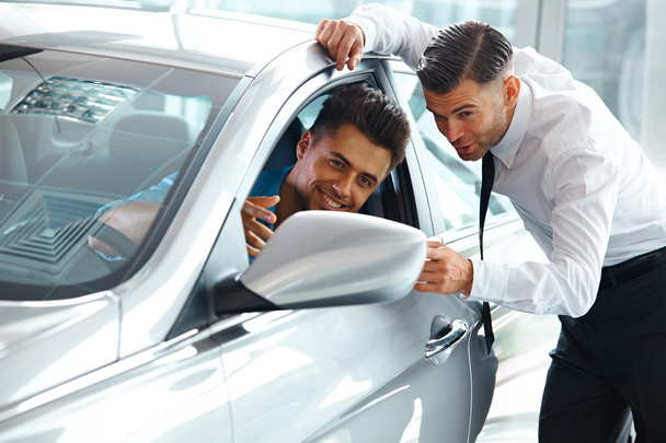 Car Sales Consultant Showing a New Car to a Potential Buyer - Photo, image