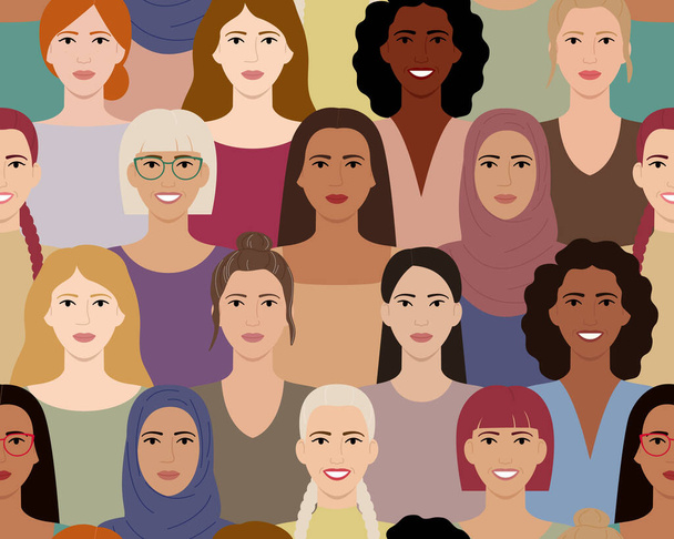 Seamless pattern of women with different hairstyles, skin colors, races, ages. Diverse faces of smiling women. International Womens Day. Flat vector illustration in bright colors. - Vector, Image