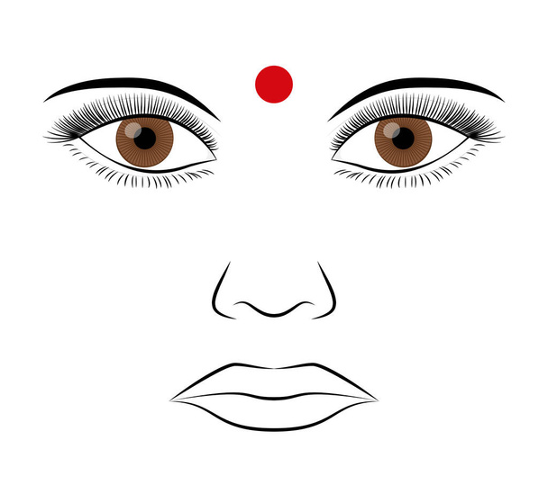 Bindi, alnın ortasına renkli kırmızı nokta. Geleneksel olarak Hindular, Budistler ve Jainler tarafından giyilir. Bindi nokta ya da küçük parçacık demek. Bindu, üçüncü göz ya da ajna çakrası ile ilişkilendirilmiş. - Vektör, Görsel