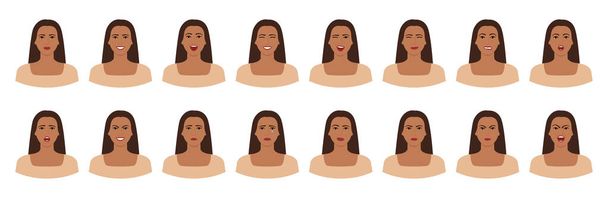 Set of Latino brown-haired woman emotions. Variations of female facial expressions. Smile, happy, cheerful, surprised, sad, dissatisfied, irate, angry, terrified emotions. Flat vector character. - Vector, Image