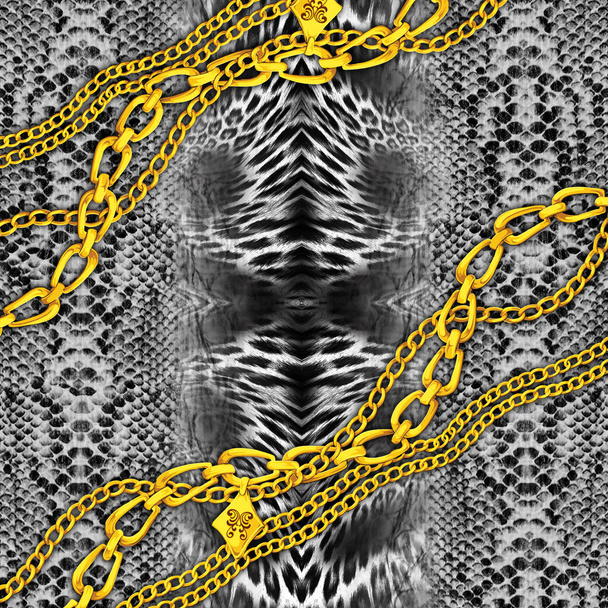 Golden Chains on Mixed Animal Skin Background Ready for Textile Prints. - Valokuva, kuva