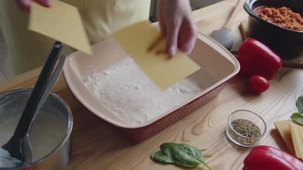 Woman Is Putting Lasagna Noodles Into Ovenware - Footage, Video