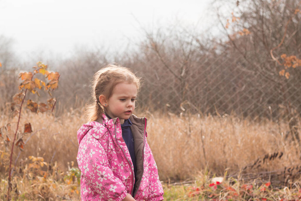 Little beautiful cute sad girl in a jacket with blond hair in pigtails stands on an autumn background - Photo, Image