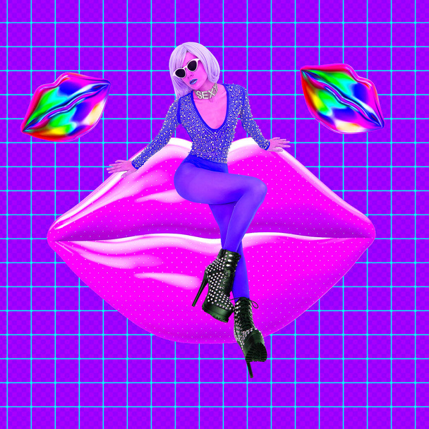 Contemporary digital collage art. Retro girls back in 90s style. Sexy fashion accessories and clothing. Adult shop, erotic shop, clubbing, Party creative concept - Фото, изображение