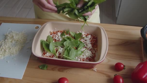 Woman Is Spreading Fresh Spinach Leaves In Ovenware - Footage, Video