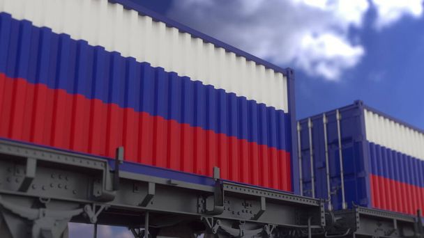 Kontejnery s vlajkou Ruska. Železniční doprava. 3D vykreslování. - Fotografie, Obrázek