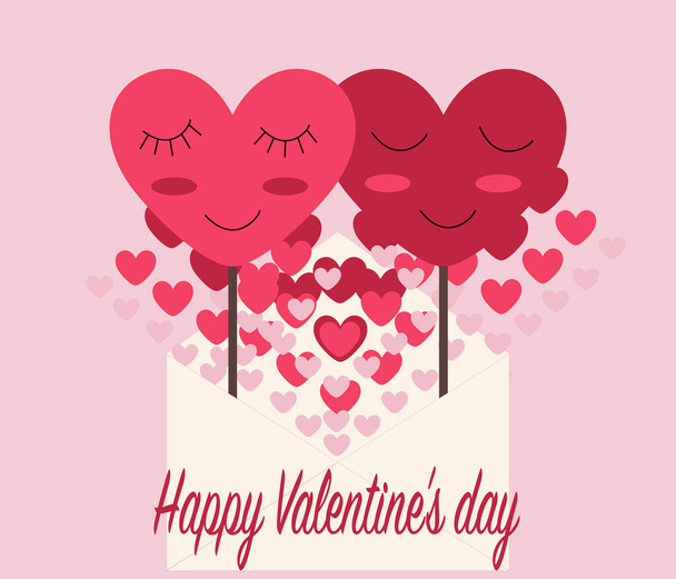 Glückwunschkarte zum Valentinstag. Zwei Herzen auf einem Stock mit Augen und Wangen fliegen scheu und verliebt aus einem Umschlag auf rosa Hintergrund. Vektorbild. - Vektor, Bild