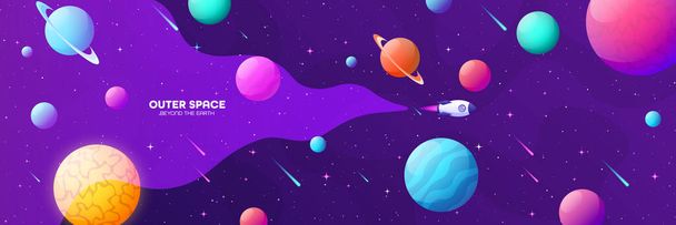 Space futuristic modern colorful background with rocket. Starship, spaceship in night sky. Solar system, galaxy and universe exploration. Vector illustration. - Vector, Image