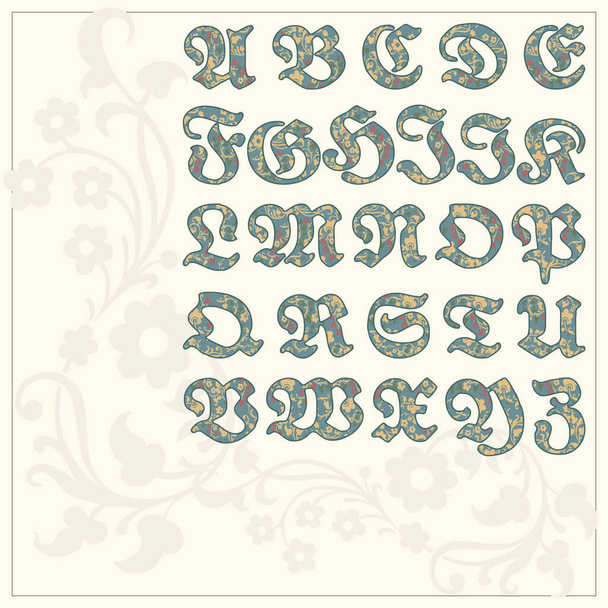 Alfabeto latino vectorial en estilo floral gótico - Vector, Imagen