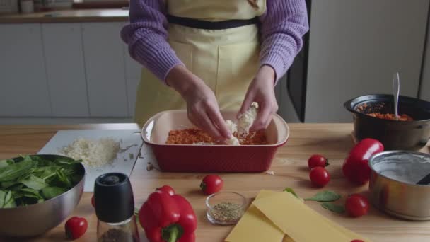 Donna sta cucinando pasto gustoso - Filmati, video
