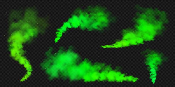 Realistic green colorful smoke clouds, mist effect. Colored fog on dark background. Vapor in air, steam flow. Vector illustration. - Vector, Image