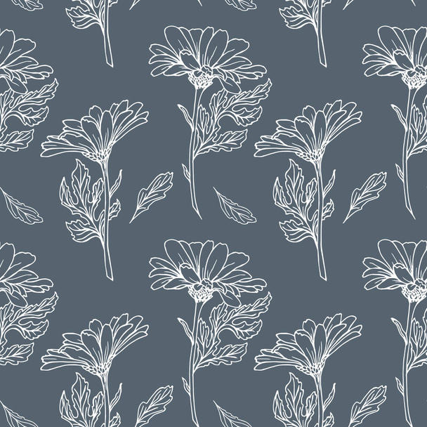 Seamless pattern, hand-drawn contour white daisies on a gray background. Textile, wallpaper, print - Vector, Image
