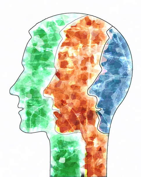 Schizophrenie männliche Kopfsilhouette. Illustration mit drei stilisierten Männerköpfen auf Grunge-Textur symbolisiert Schizophrenie Depression, bipolare Störung. - Foto, Bild