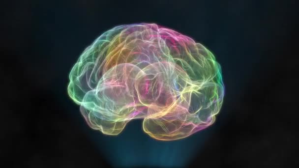 Wireframe 3D animacja ludzkiego mózgu. Obracający się model mózgu z tęczowymi impulsami sieci neuronowej wykazującymi burzę mózgów. Sztuczna inteligencja. Pętlowana animacja 3D. - Materiał filmowy, wideo