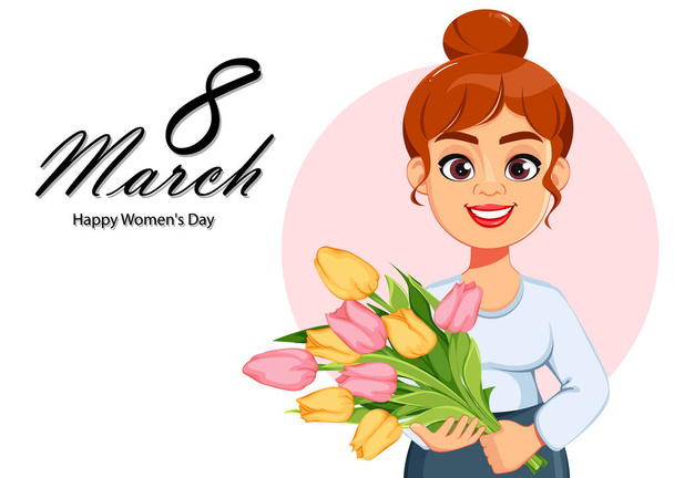 Tarjeta de felicitación del Día de la Mujer Feliz. Hermosa dama sosteniendo un ramo de tulipanes rosas y amarillas. Lindo personaje de dibujos animados femeninos. Stock vector ilustración - Vector, imagen