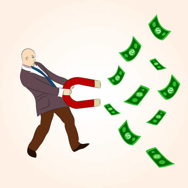 Money Magnet: Cartoon character attracting money with magnet. - Vector, Image
