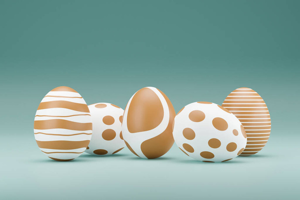 Yeşil arka planda bir dizi altın paskalya yumurtası. Mutlu Paskalya 3D çizim illüstrasyonları. Minimum tatil tarzı tasarım. 3D görüntüleme. Doğal yaratıcı kompozisyon çizimi çizimi - Fotoğraf, Görsel