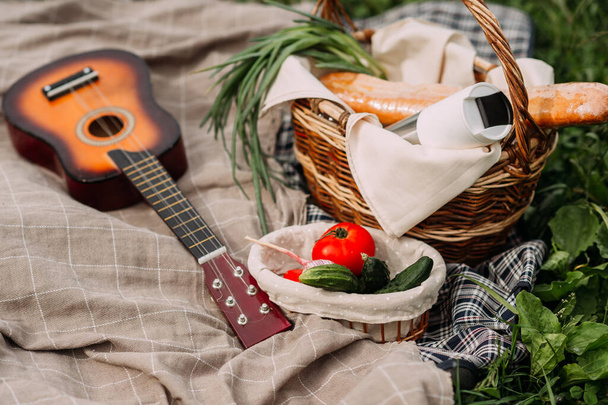 Een set voor een picknick met een gitaar in een zomerweide. - Foto, afbeelding