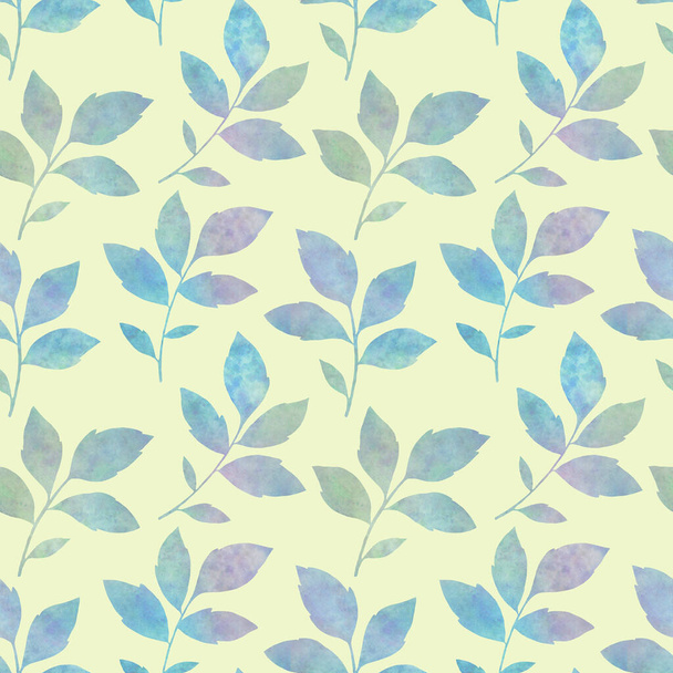 Green leaves on a bright background. Abstract botanical pattern. Seamless ornament of watercolor leaves - Valokuva, kuva