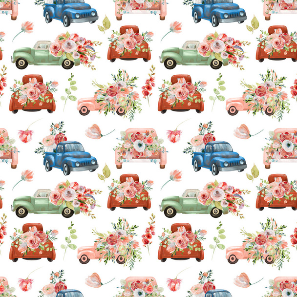 Patrón sin costuras de camiones viejos de acuarela con flores rojas y vegetación, ilustración aislada sobre fondo blanco - Foto, imagen