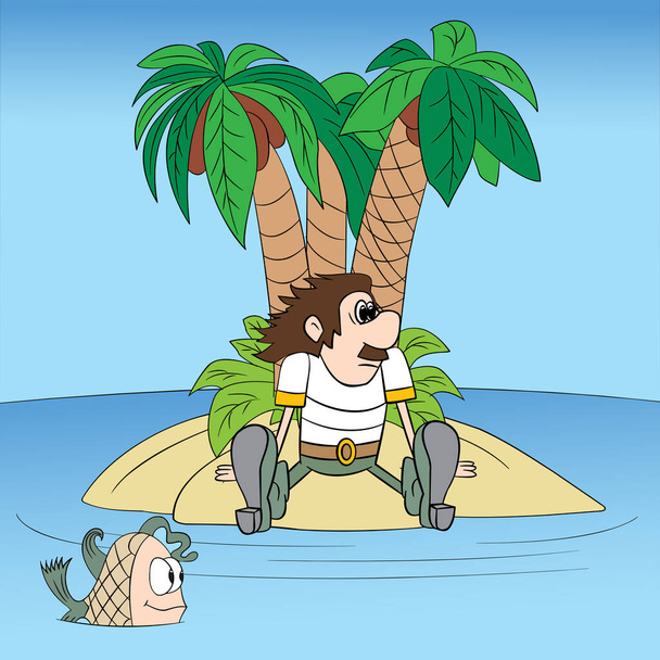 frightened, pensive man sits, rests on a desert island, Vector illustration, cartoon - Vector, Image