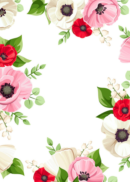 Vector card with red, pink, and white poppy and lily of the valley flowers and green leaves. Greeting or invitation card design - Vetor, Imagem
