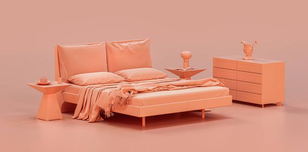Scène de chambre à coucher monochrome avec un drap de lit double, une couverture, des oreillers et des tables latérales.Chambre intérieure rose rosé, composition monochrome de style plat, rendu 3D, personne - Photo, image