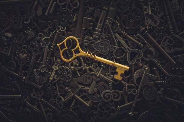 Unique gold key on pile of vintage skeleton keys. Concept for individual or uniqueness, unlocking potential, or stand out from the crowd. - Photo, Image