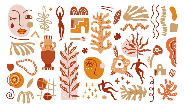 Set of trendy doodle and abstract nature icons on isolated white background. Includes people, floral art and texture bundle. Big summer collection, unusual organic shapes in freehand matisse art style - Vektori, kuva