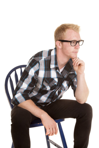 man in plaid shirt glasses look side hand chin - Zdjęcie, obraz