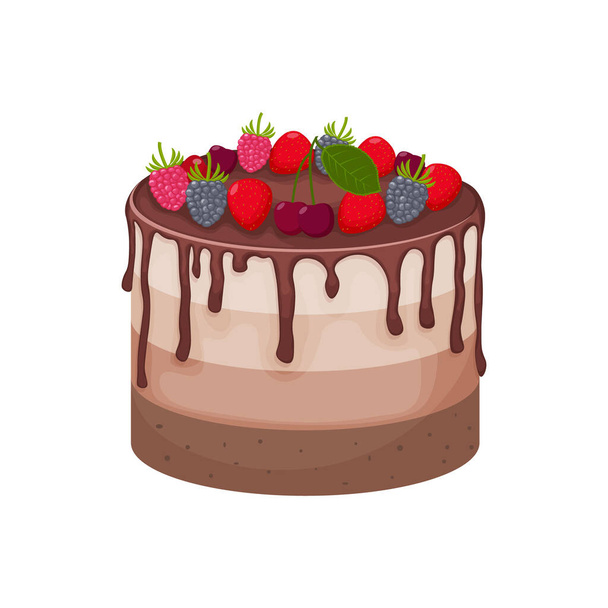A big cake. Delicious sponge cake, poured with chocolate. Chocolate cake decorated with berries such as strawberries, cherries and blackberries. Vector illustration isolated on a white background. - Vektör, Görsel