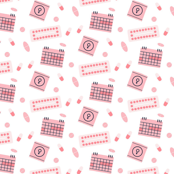 Seamless pattern with female contraception. Pattern with condoms and pills. Vector pattern in hand drawn style. Vector illustration - Vetor, Imagem