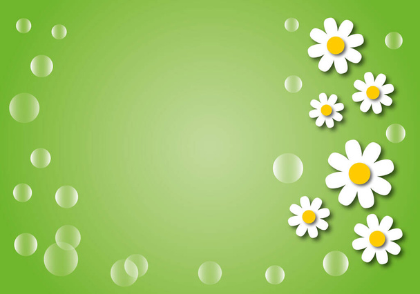 White daisy or chamomile flowers with bubbles and sunlight on green background, nature or spring and summer concept, space for the text, paper cut design style. - Photo, Image