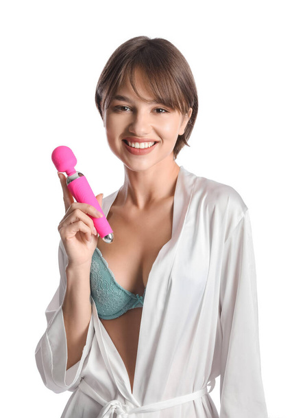 Beautiful young woman with vibrator from sex shop on white background - Φωτογραφία, εικόνα