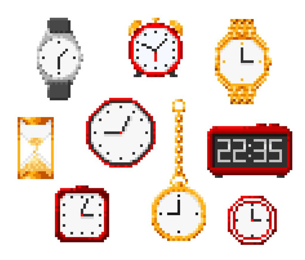 Reloj de arena de píxeles aislado, reloj y despertador pixel art iconos del juego de 8 bits. Accesorios de tiempo vectorial, conjunto de elementos pixelados. Cronómetro, reloj de pulsera, cristal de arena y reloj Breguet de oro en cadena - Vector, imagen