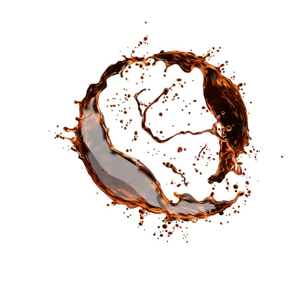 Cola or whiskey drink splash swirl with drops, soda beverage or alcohol wave flow. Vector brown liquid whirlpool of coffee, black tea, cognac or rum. Realistic 3d splashing, abstract aqua vortex - Vector, Image