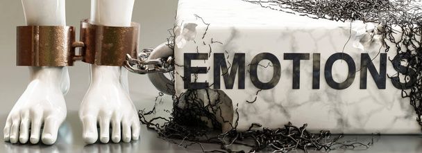 Emociones que atrapa, limita la vida, esclaviza y trae peso psicológico, simbolizado por una piedra pesada y en descomposición con la palabra Emociones y la hiedra negra y venenosa., Ilustración 3d - Foto, Imagen