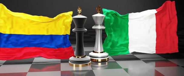 Colombia Italia conversa, se reúne o comercializa entre esos dos países con el objetivo de resolver cuestiones políticas, simbolizadas por un juego de ajedrez con banderas nacionales, ilustración en 3D - Foto, imagen