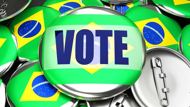 Brazílie a hlasování - desítky tlačítek pinback s vlajkou Brazílie a slovem Hlasujte. 3D vykreslení symbolizující nadcházející hlasování v této zemi., 3D ilustrace - Fotografie, Obrázek