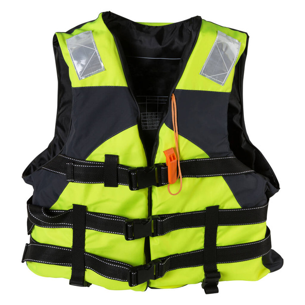 green life jacket with a whistle, on a white background, frontal, buttoned, isolate - Photo, Image