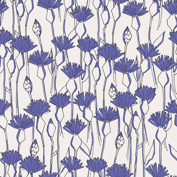 Seamless pattern with hand drawn cornflowers flowers for craft, apparel, design and other design projects. Line art, light background - Vetor, Imagem