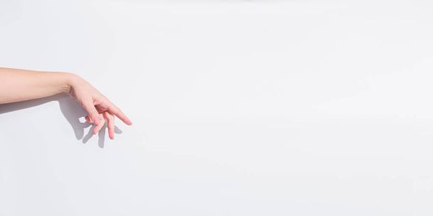 Femme adulte main pour tenir quelque chose à plat, isolé sur blanc. Bannière d'espace de copie pour la publicité publicitaire. - Photo, image