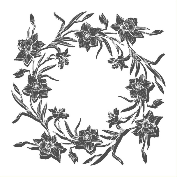 Floral wreath frame with silhouettes of hand drawn flowers daffodils, narcissus isolated on white. Monochrome botanical design element for greeting card, wedding, postcard, invitation design. - Διάνυσμα, εικόνα