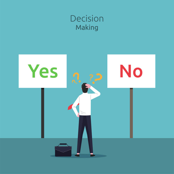 Conceito de tomada de decisão. Empresário confuso para tomar uma decisão entre sim ou não ilustração vetorial. - Vetor, Imagem