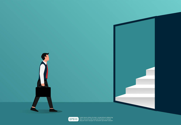 Businessman walks to opened door symbol. Pathway of opportunity to success in business and career concept vector illustration - Vector, Image