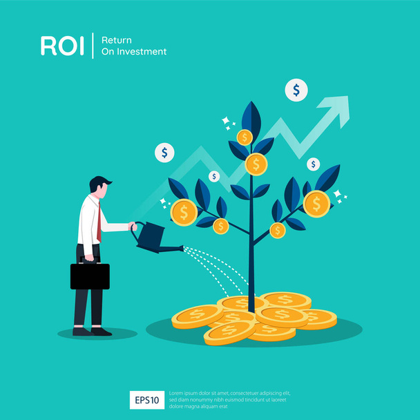 Plant money tree illustration for investment concept. Income rate increase with businessman character and dollar symbol. Business profit performance of ROI - Vector, Image