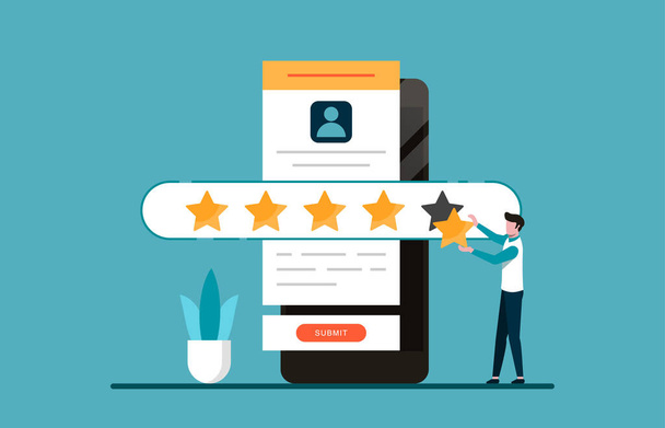 Customer experience and satisfaction concept. A man giving five stars for feedback illustration. - Vector, Image