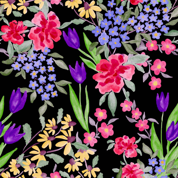 Akvarell zökkenőmentes minta tavaszi virágcsokrok. Vintage botanikai illusztráció. Elegáns dekoráció bármilyen formatervezéshez. Divatnyomtatás színes absztrakt virágokkal. Akvarell textúra. - Fotó, kép